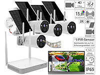VisorTech 2K-Festplatten-Überwachungsrekorder + 4 Solar-Akku-Kameras, HDMI, App; Kamera-Attrappen 