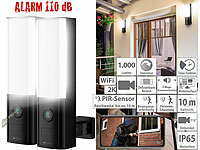 VisorTech 2er-Set LED-Außenwandleuchte, WLAN-2K-Kamera, PIR, Nachtsicht, Sirene; Akkubetriebene IP-Full-HD-Überwachungskameras mit Apps 
